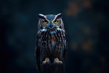 Obraz premium A close up of a european eagle owl perched on a post and staring forward. Taken against a dark background the eyes are penetrating the viewer, ai