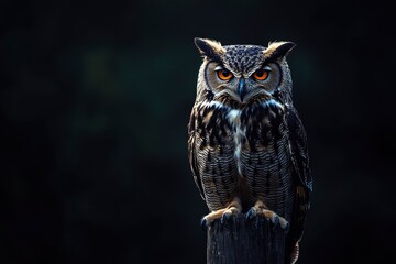A close up of a european eagle owl perched on a post and staring forward. Taken against a dark background the eyes are penetrating the viewer, ai