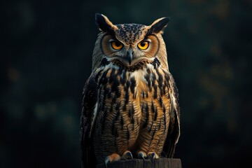 Fototapeta premium A close up of a european eagle owl perched on a post and staring forward. Taken against a dark background the eyes are penetrating the viewer, ai