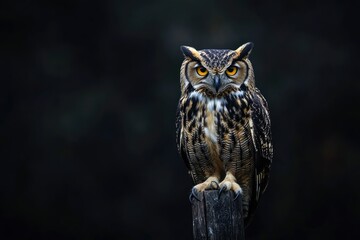 A close up of a european eagle owl perched on a post and staring forward. Taken against a dark background the eyes are penetrating the viewer, ai