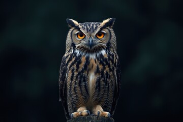 Fototapeta premium A close up of a european eagle owl perched on a post and staring forward. Taken against a dark background the eyes are penetrating the viewer, ai