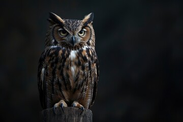 Fototapeta premium A close up of a european eagle owl perched on a post and staring forward. Taken against a dark background the eyes are penetrating the viewer, ai