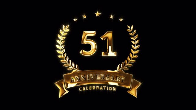 51st Anniversary Celebration. Happy 51 Years Anniversary Animation in Gold Color on the Transparent Background, Alpha Channel. Great for greetings, celebrations, events, and gifts.