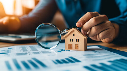 An investor studying real estate market trends with a magnifying glass. investor studying