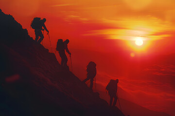 Fototapeta premium The silhouette of many people climbing the snowy mountain in the sunshine