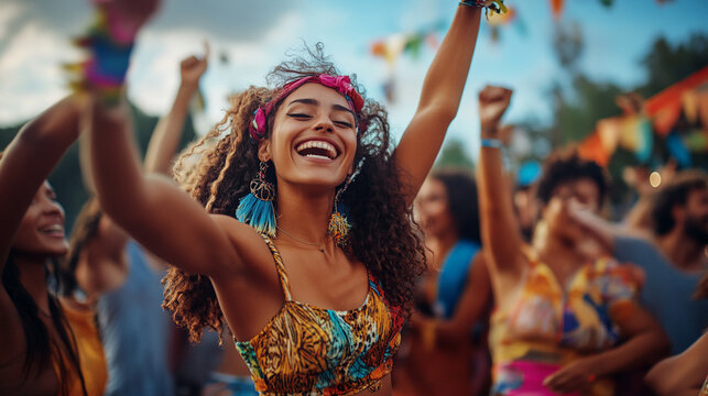 Capture a multicultural group dancing at a festival.