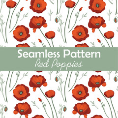 Seamless vector pattern of red poppies with high detail, ideal for printing on fabric, banners, wallpaper, wrapping paper 