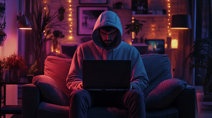 Casual man in a hoodie and joggers using a laptop in a cozy home workspace with a warm ambiance.