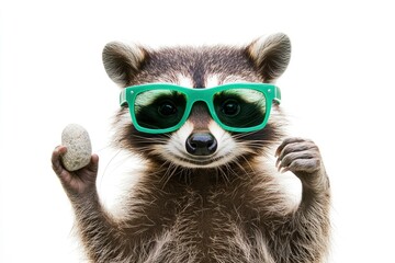 Fototapeta premium Funny raccoon in green sunglasses showing a rock gesture isolated on white background, ai