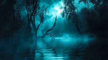 Dead tree emerging from scary swamp at night reflecting in water