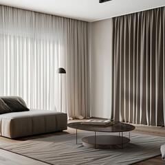 Capturing the unique blend of functionality and style in a living room adorned with dimout curtains and minimalist scandinavian furniture. 