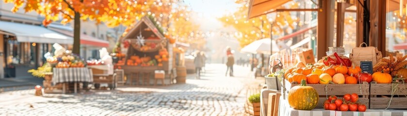 A festive harvest event in a bustling town square, with booths selling fresh produce, handmade goods, and warm beverages, surrounded by colorful fall decorations