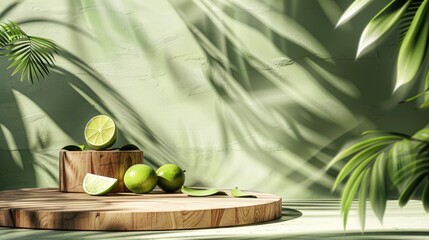 Wall with palm shadows, wooden podium, and limes for display of products.