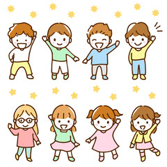 笑顔で手を挙げている小さな男の子と女の子の手描き線画イラスト	