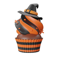 3D illustration a witch hat cute chocolate cupcake with Halloween decor