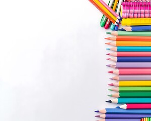 Fototapeta premium Pristine white background with vibrant school supplies arranged on the right side in a flat lay format. Ample space for back to school messages.