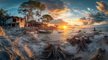 A haunting panorama captures an abandoned coastal expanse, where gnarled tree roots and weathered ruins intersect with a fiery sunset.