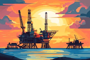 Obraz premium Sunset Over Oil Rig