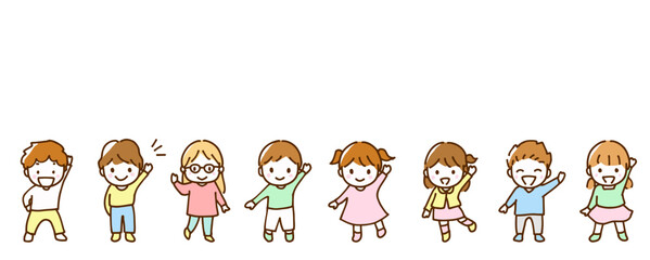 笑顔で手を挙げている小さな男の子と女の子の手描き線画イラスト