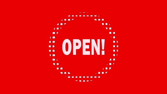 A red open signboard hangs on a silver chain against a white background. The sign is made of metal with a glossy finish and has rounded corners. The word OPEN is printed in white letters on the sign.