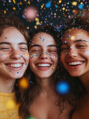 Fototapeta premium Three joyful women celebrate together, surrounded by colorful confetti and sparkles, capturing happiness and friendship.
