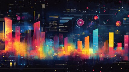 Fototapeta premium Vibrant abstract digital skyline with colorful bars and glowing elements, ideal for tech and futuristic themes.