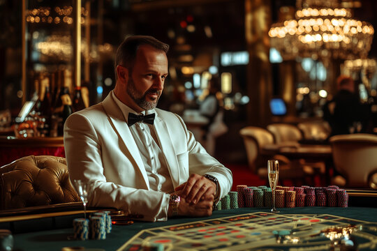 Elegant Man in White Tuxedo Playing High-Stakes Game in Luxurious Casino