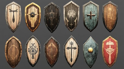 Collection of Medieval Wooden Shields with Various Designs