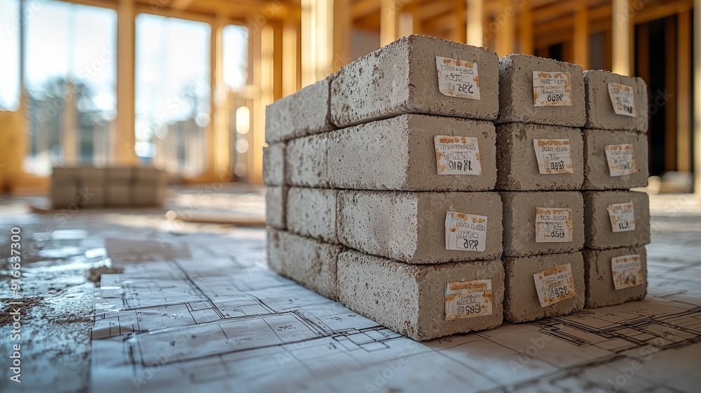 Wall mural stack of concrete foundation blocks with price tags attached. partially constructed foundation wall 