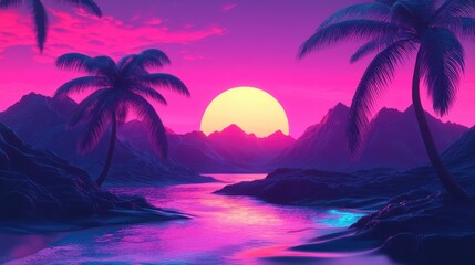 AI generation. Night and sunset neon colors, cyberpunk vintage illustration. Sun, mountains and palm trees, retro futuristic sci-fi.