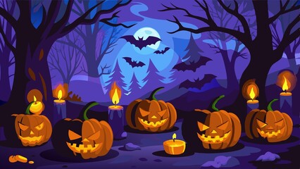 Happy Halloween pumpkins bats ghosts spiders on background AI generated