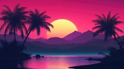 AI generation. Night and sunset neon colors, cyberpunk vintage illustration. Sun, mountains and palm trees, retro futuristic sci-fi.