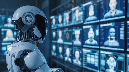 An advanced robot processes facial recognition data on multiple screens for monitoring and security