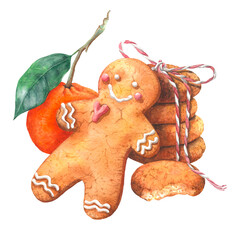 Christmas gingerbread man with tangerine and cookies. Hand drawn watercolor illustrations of sweet biscuit. Design for cards, invites, wrapping paper, textile.