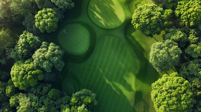 Aerial view of a golf course during a tournament, with multiple players navigating the lush fairways.