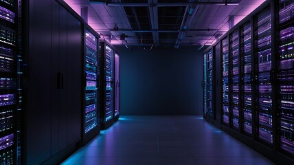Illuminated Data Corridor: Blue and Purple LED Glow in High-Speed Server Facility for Cloud Computing. Generative Ai.