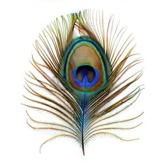 Fototapeta premium Beautiful Peacock Feather Against a White Background, Highlighting Its Stunning Feathers and Rich Hues