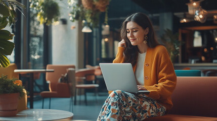 Trendy woman in a cardigan and patterned skirt working on a laptop at a stylish co-working space.