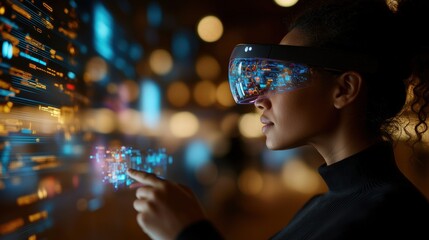 Future Tech: Woman Engaging with Augmented Reality in Digital Environment