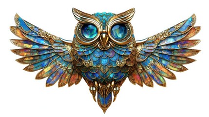 Obraz premium Generative AI, beautiful colorful owl brooch, opal stone and isolated on white background. Bijouterie, jewelry close.