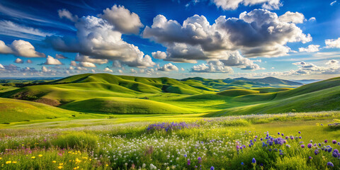 Fototapeta premium A serene landscape of rolling hills with lush green grass and scattered wildflowers under a bright blue sky with a few puffy white clouds.