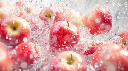 Fresh Red Apples with Water Spray Explosion on Bright Background. Surreal Realistic Liquid Dispersion of Juicy Fruits Captured in High-Resolution, Front View. Photorealistic Detail