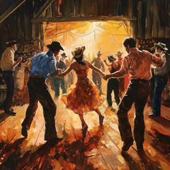 Group of people line dancing in a barn