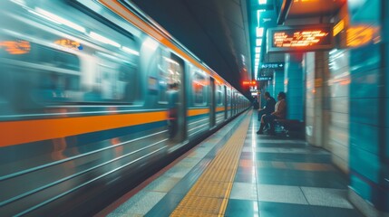 A train is moving through a station with a sign that says "No Entry"