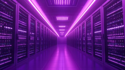 Fototapeta premium Data Center, modern hi-tech server room in purple neon colors. Ai generation