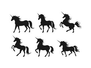 unicorn silhouette. set of unicorn silhouettes in various poses. good use for symbols, logos, icons, mascots, signs, or any design you want. © VectorGrid