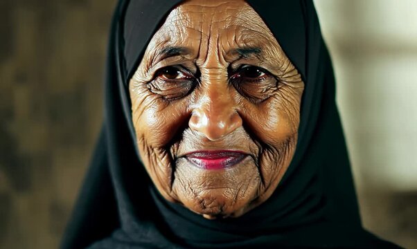 Portrait of an elderly asian muslim woman in black hijab