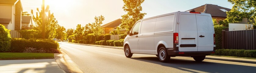 A white delivery van driving down a sunny suburban street, surrounded by green trees and modern homes.