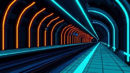 Naklejka premium Pixel art of a futuristic subway station with retro 1980s design
