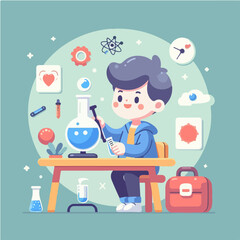 Little scientist wearing coat and doing research in laboratory. flat illustration